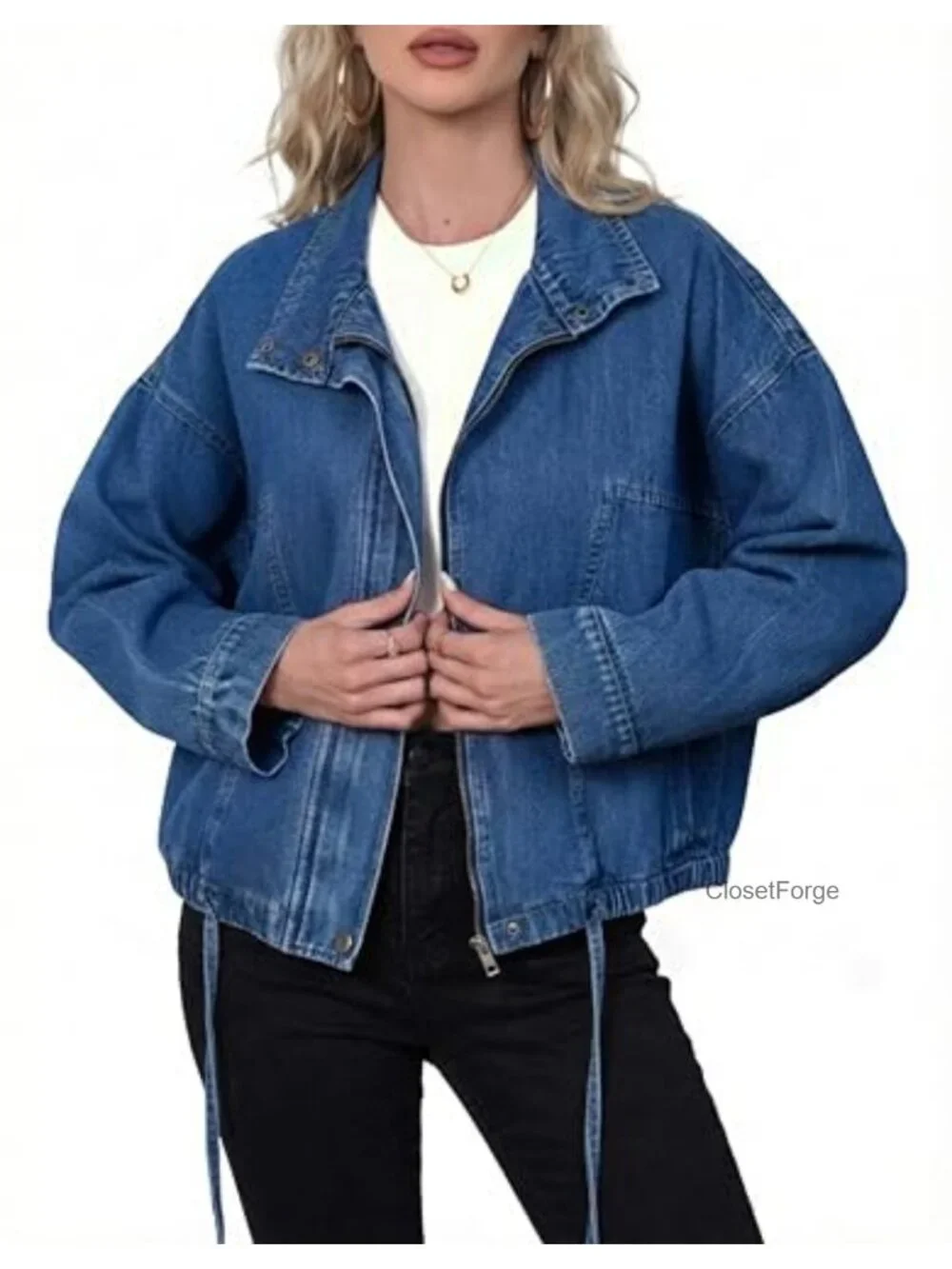 Oversized Boyfriend Denim Bomber Jacket Long Sleeve Zip Up Shacket